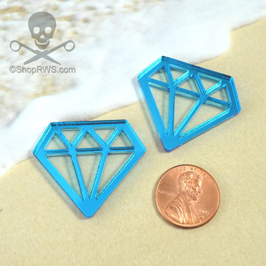 BLUE DIAMOND CABS  Set of 2 Blue Mirror Laser Cut Acrylic Cabochons