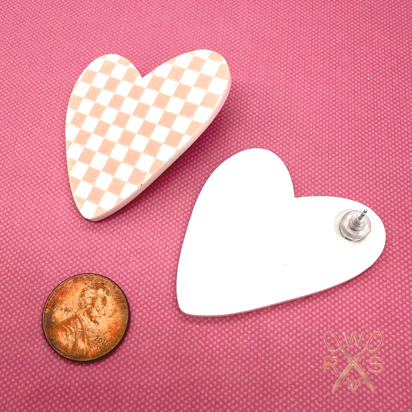 Rose Gold Checkered Heart Statement Studs
