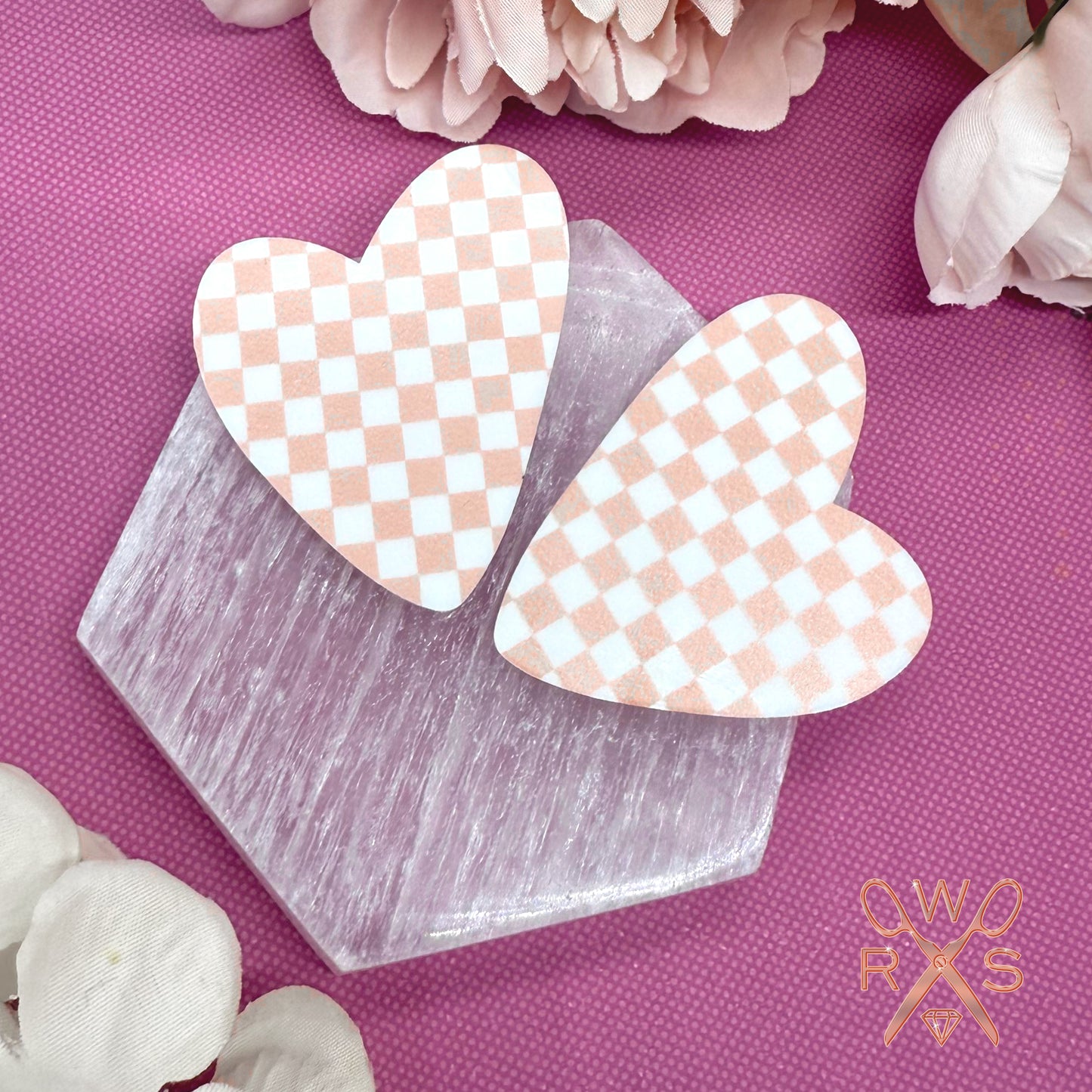 Rose Gold Checkered Heart Statement Studs