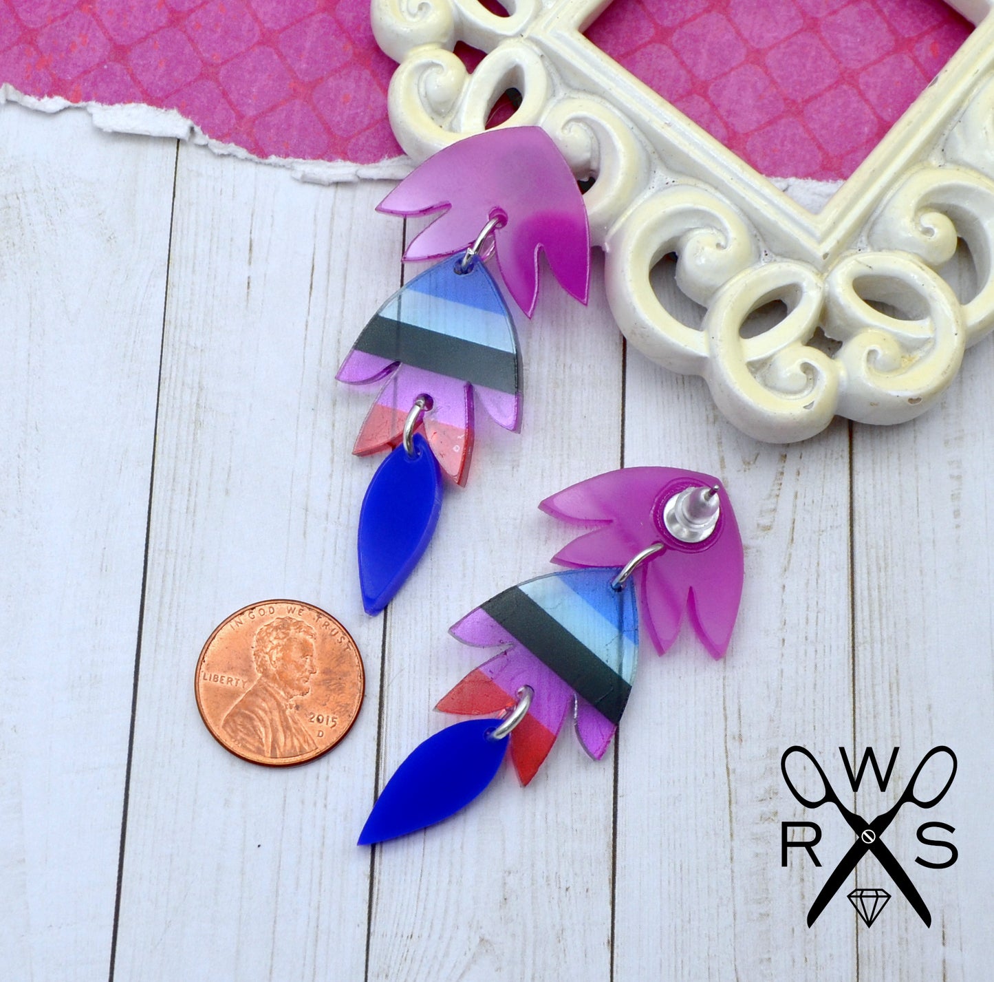 Dakota Dangle Earrings in Magenta and Blue Stripes - Laser Cut Acrylic