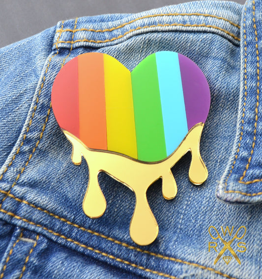 Dripping in Pride Rainbow Heart Brooch - Laser Cut Acrylic Brooch