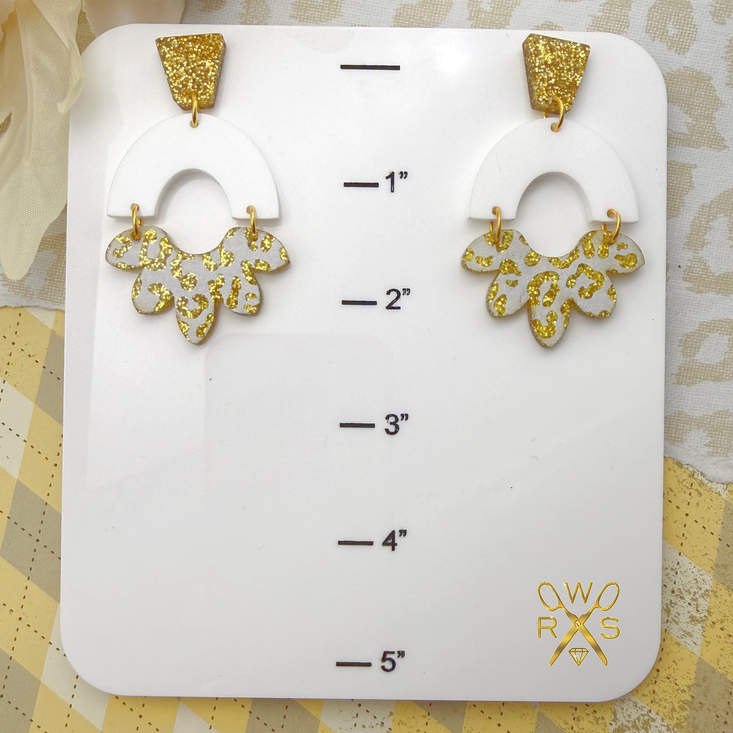 Happy Bloom Dangles in White and Gold Leopard