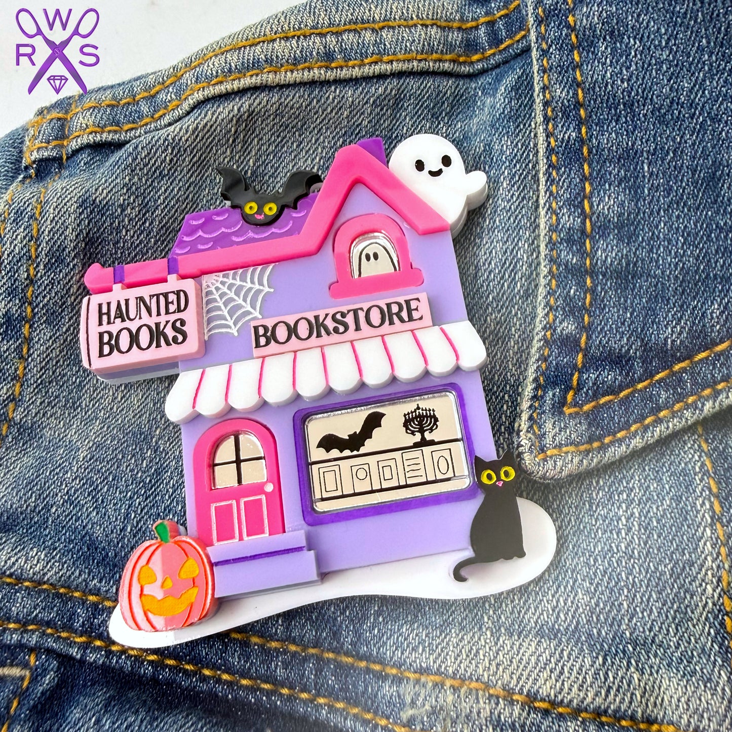 Haunted Bookstore Brooch in Laser Cut Acrylic