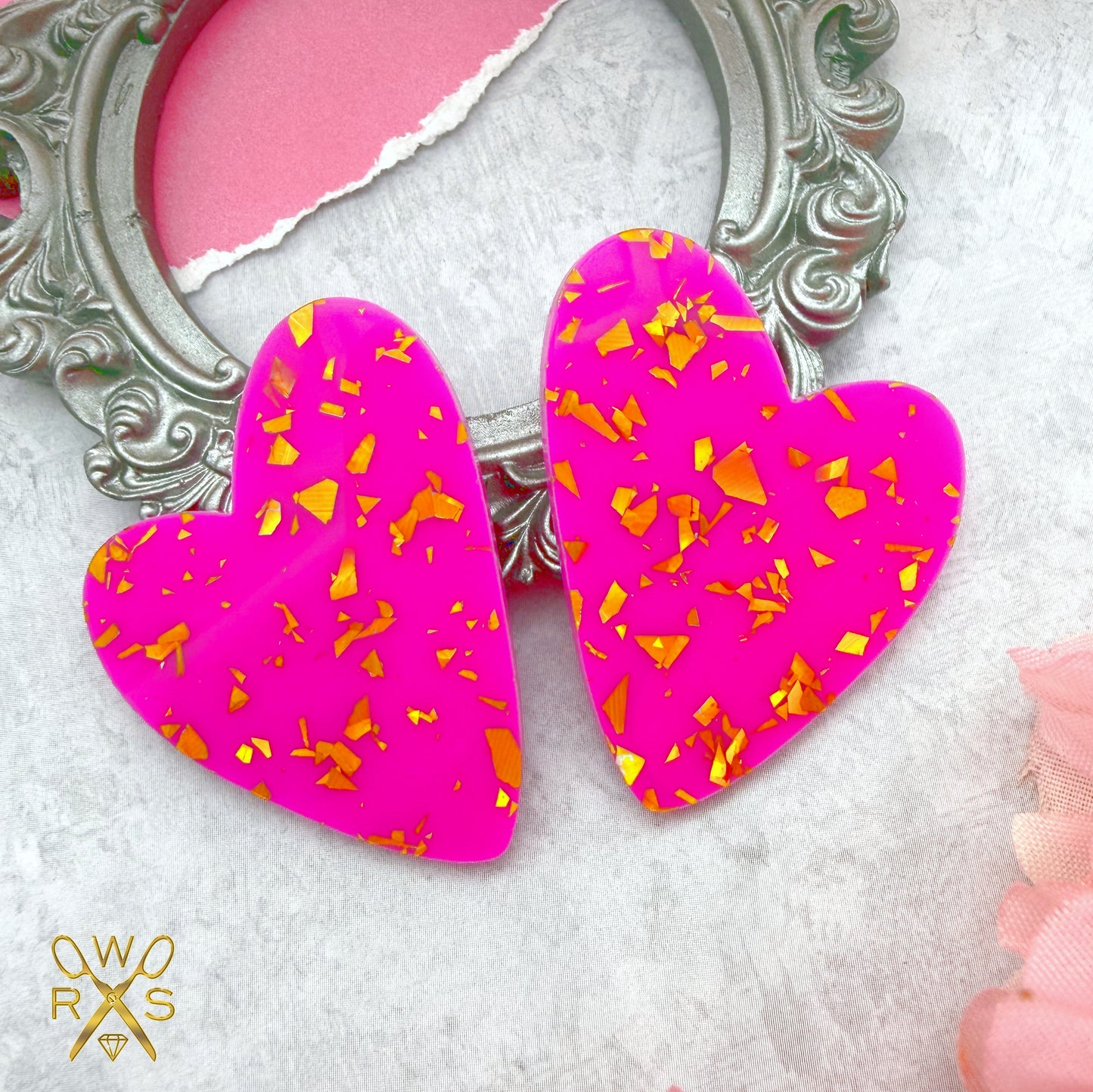 Heart Statement Studs in Pink and Gold Foil