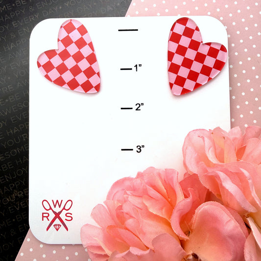Heart Statement Studs in Pink and Red Checkered