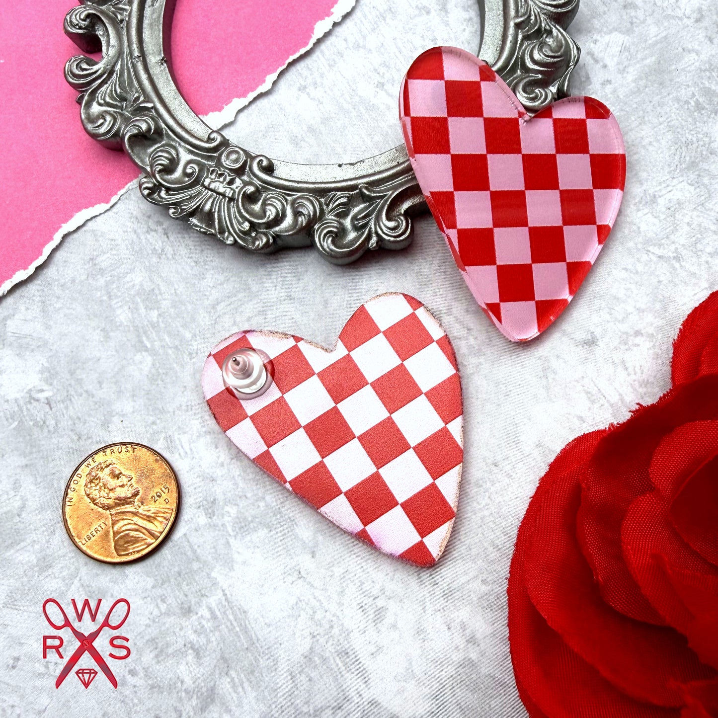 Heart Statement Studs in Pink and Red Checkered