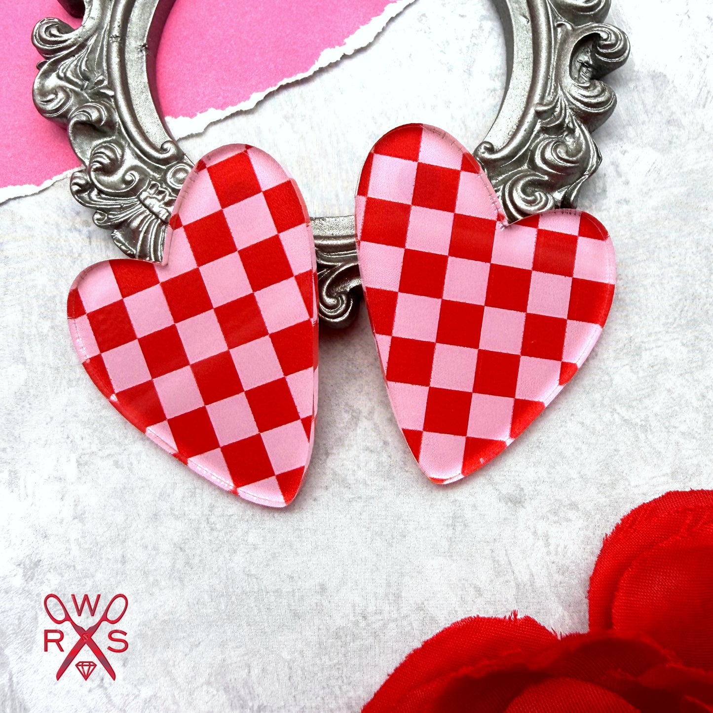 Heart Statement Studs in Pink and Red Checkered