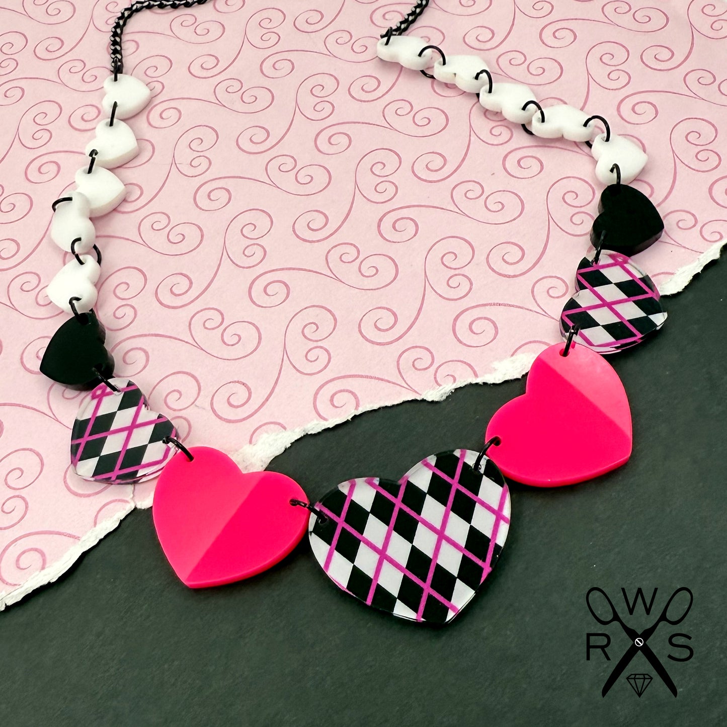 Heartstrings Necklace in Black and Pink Argyle