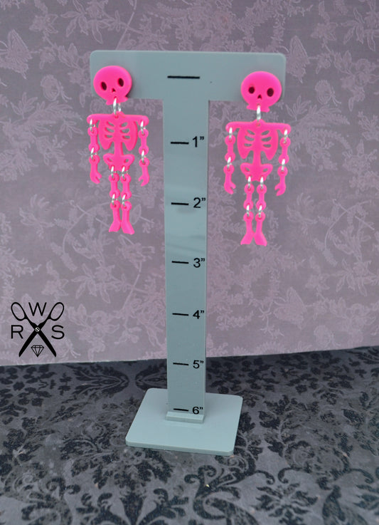 Life of the Party Articulated Skeleton Dangles in Pink - Laser Cut Acrylic Earrings