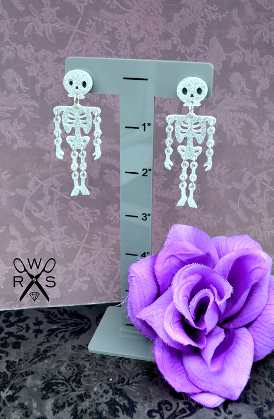 Life of the Party Articulated Skeleton Dangles in Silver Glitter - Laser Cut Acrylic Earrings