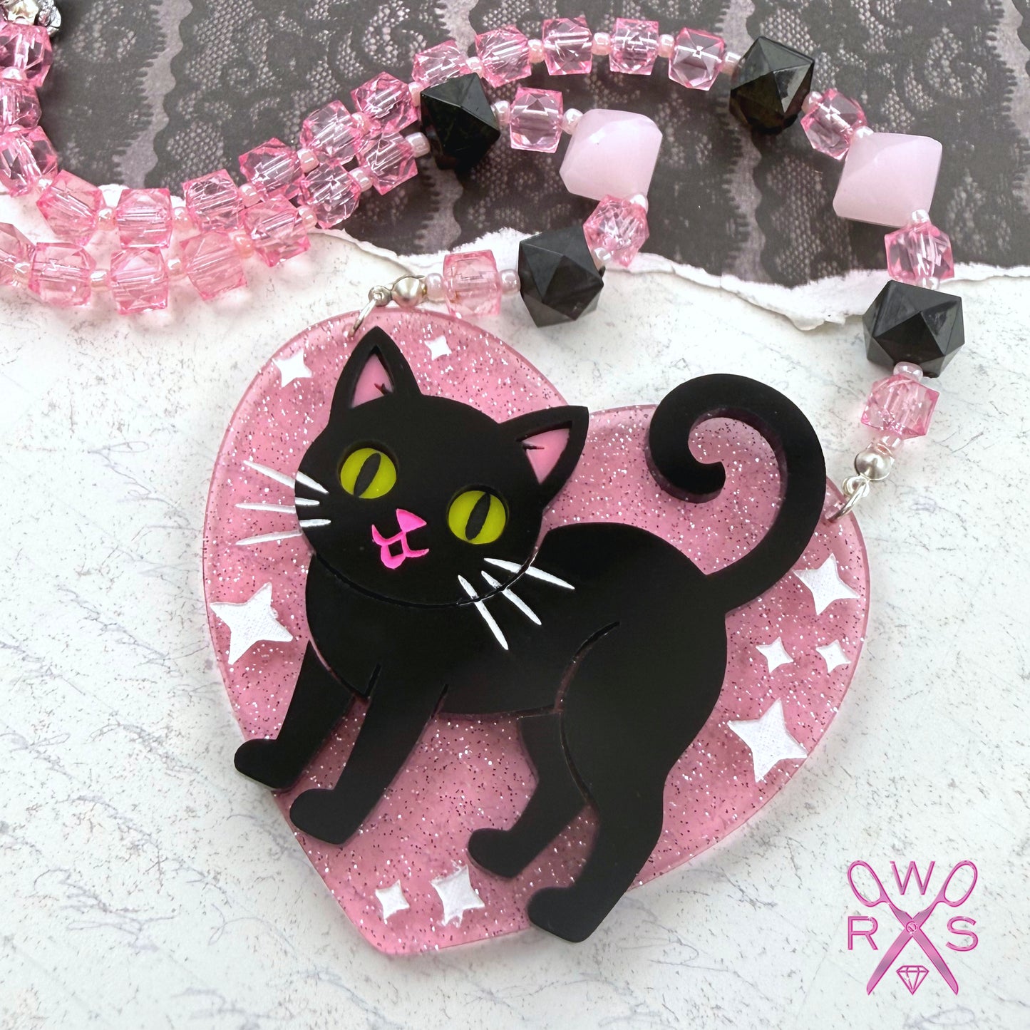 Midnight Kitty Acrylic Beaded Necklace