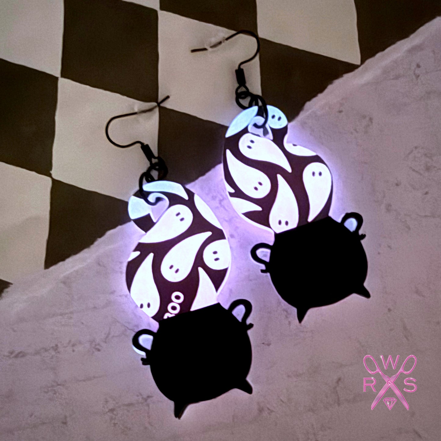Pink Ghost Cauldron Dangles in Glow-in-the-Dark