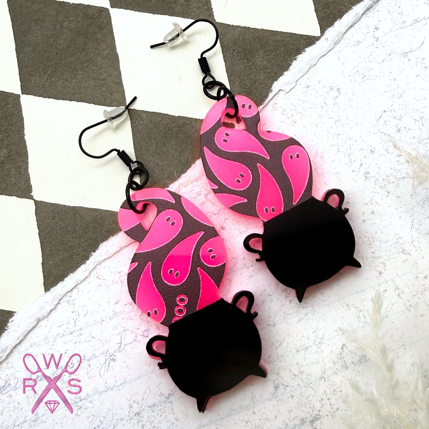 Pink Ghost Cauldron Dangles in Glow-in-the-Dark