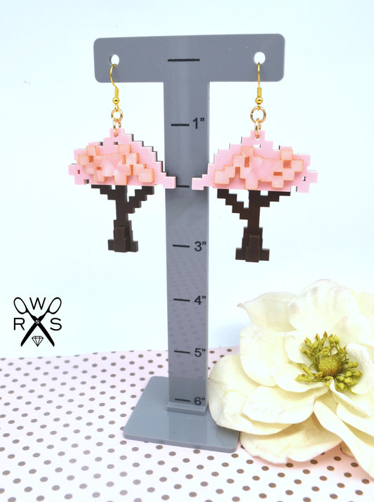 Pixelated Cherry Blossom Tree Dangles - Laser Cut Acrylic Earrings