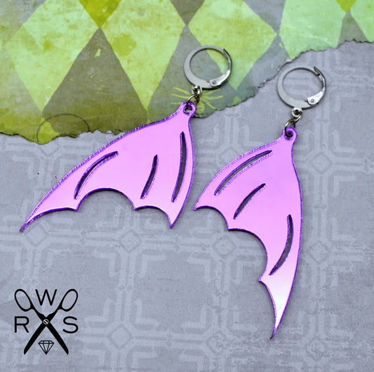 Bat Wing Huggies in Purple Mirror - Laser Cut Acrylic Earrings