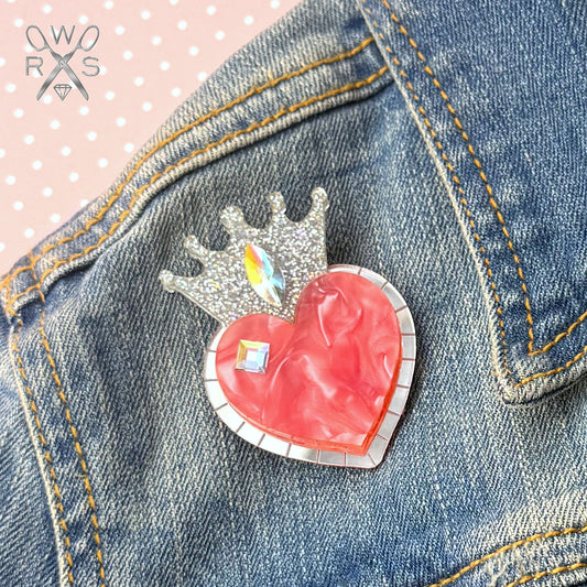 Queen of Hearts Pin in Pink and Silver