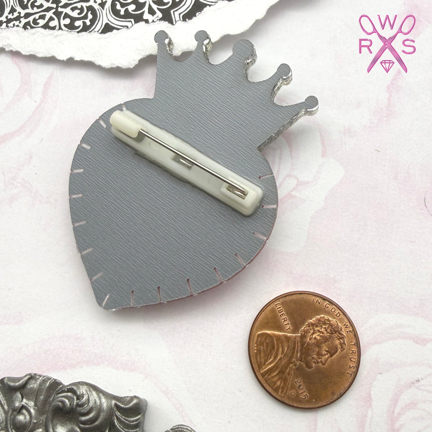 Queen of Hearts Pin in Pink and Silver