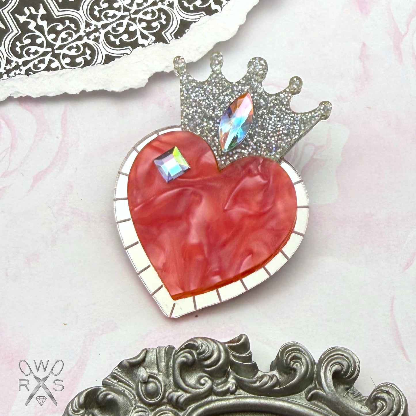 Queen of Hearts Pin in Pink and Silver