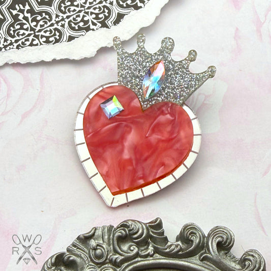 Queen of Hearts Pin in Pink and Silver