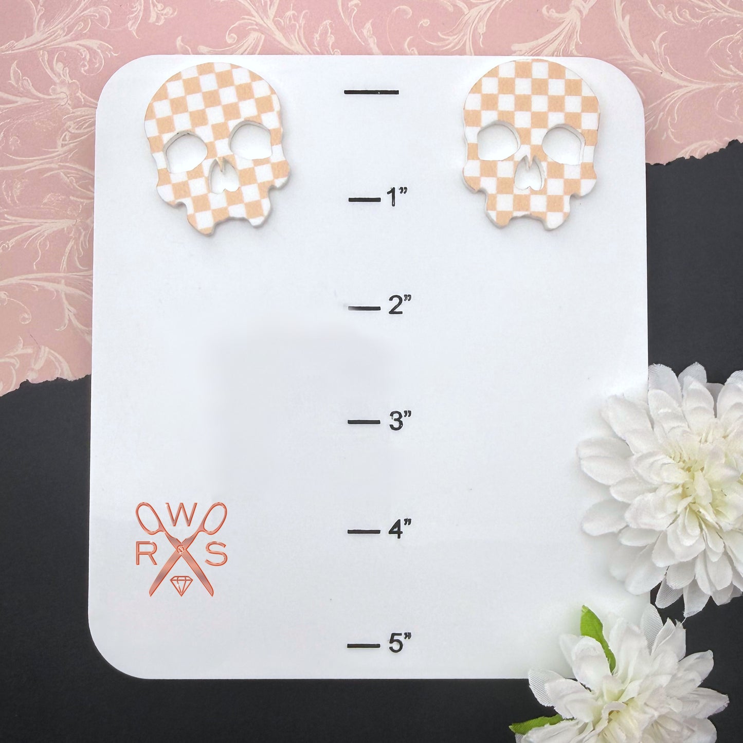 Skull Crush Statement Studs in Checkered Rose Gold