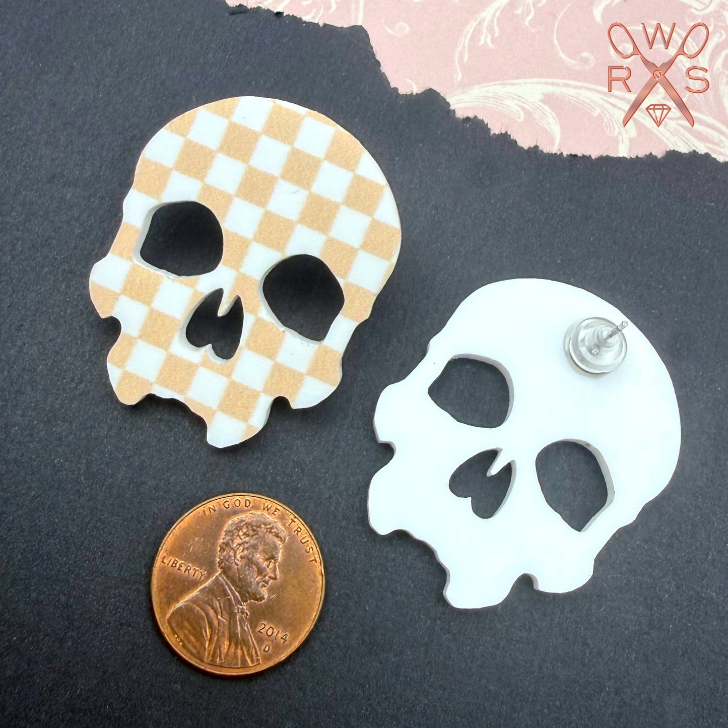 Skull Crush Statement Studs in Checkered Rose Gold