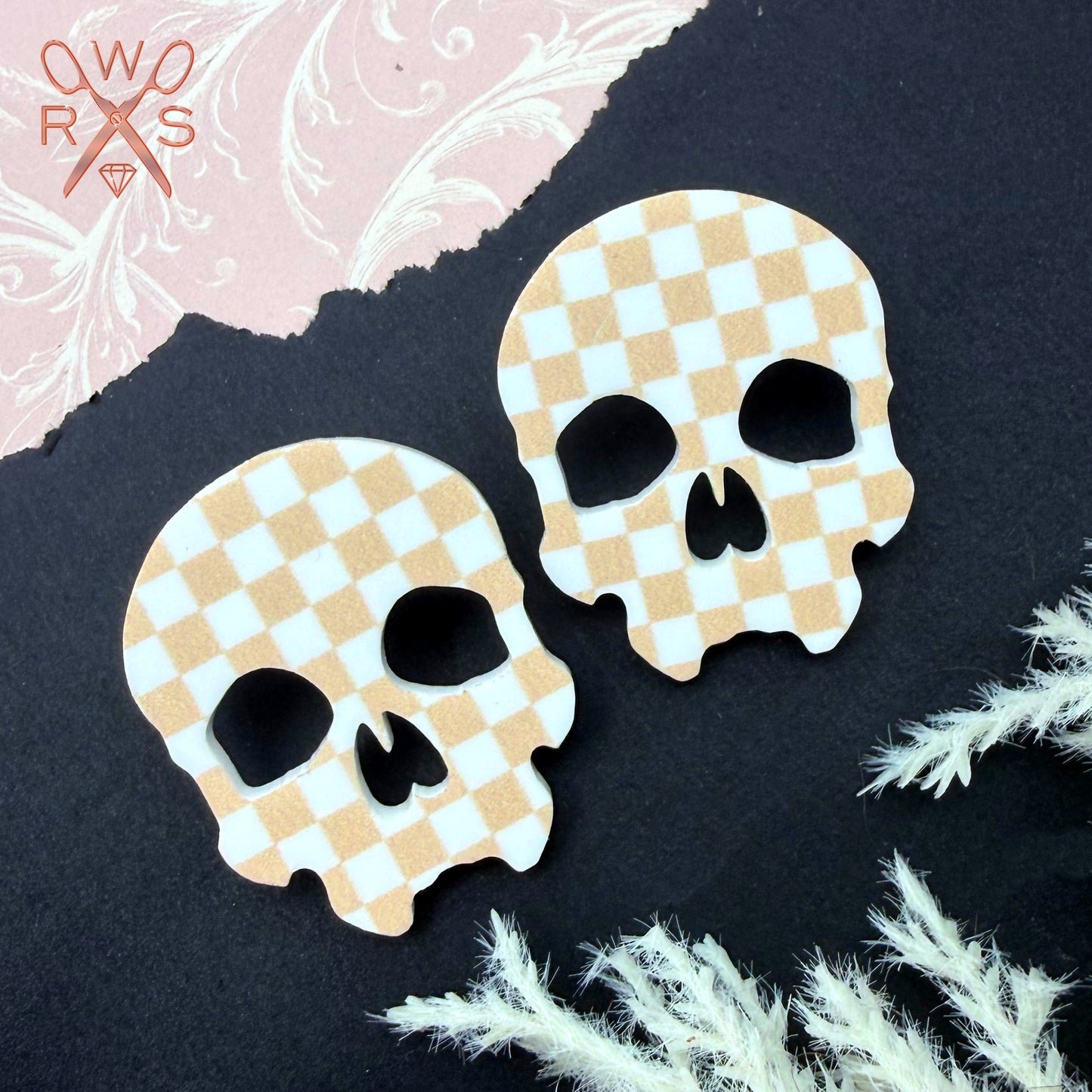 Skull Crush Statement Studs in Checkered Rose Gold