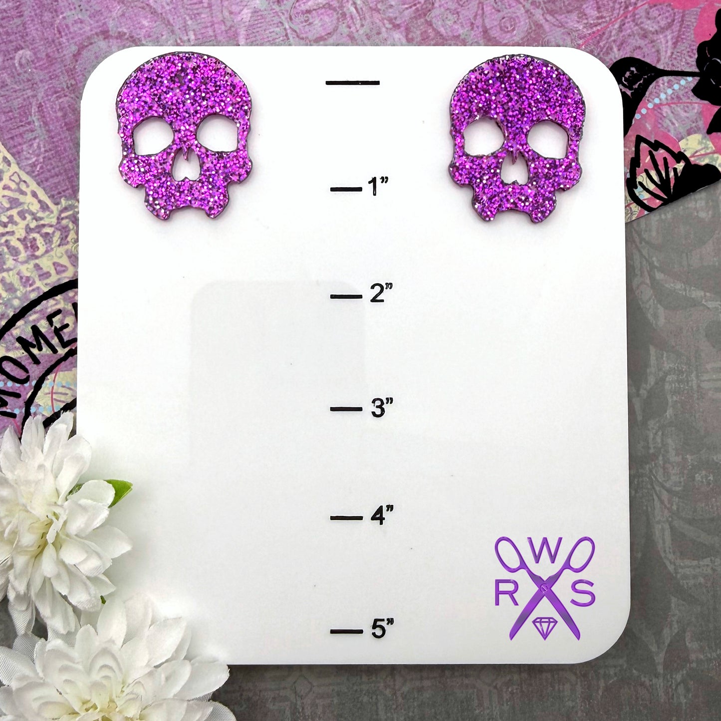 Skull Crush Statement Studs in Purple Glitter