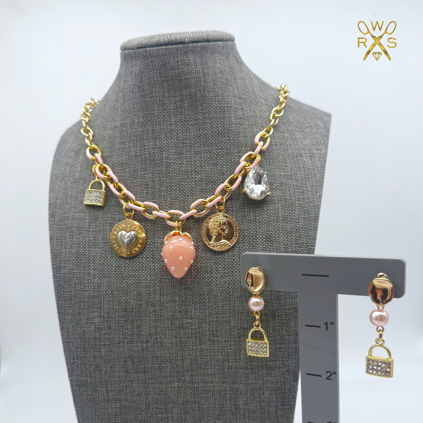 Strawberry Kiss Charm Necklace and Earring Set