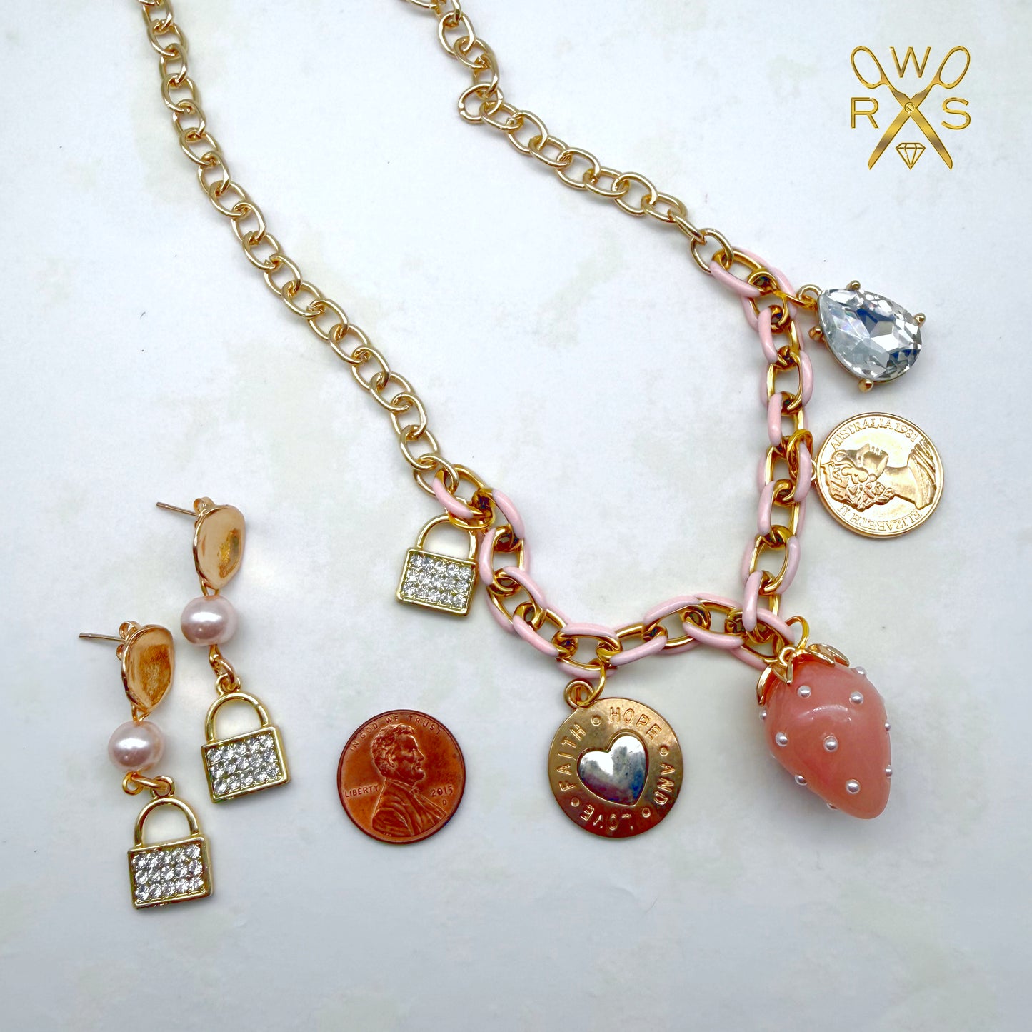 Strawberry Kiss Charm Necklace and Earring Set