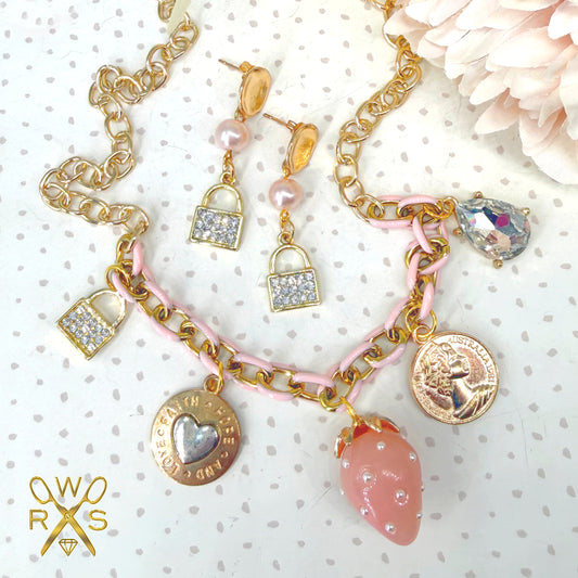 Strawberry Kiss Charm Necklace and Earring Set