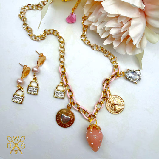 Strawberry Kiss Charm Necklace and Earring Set