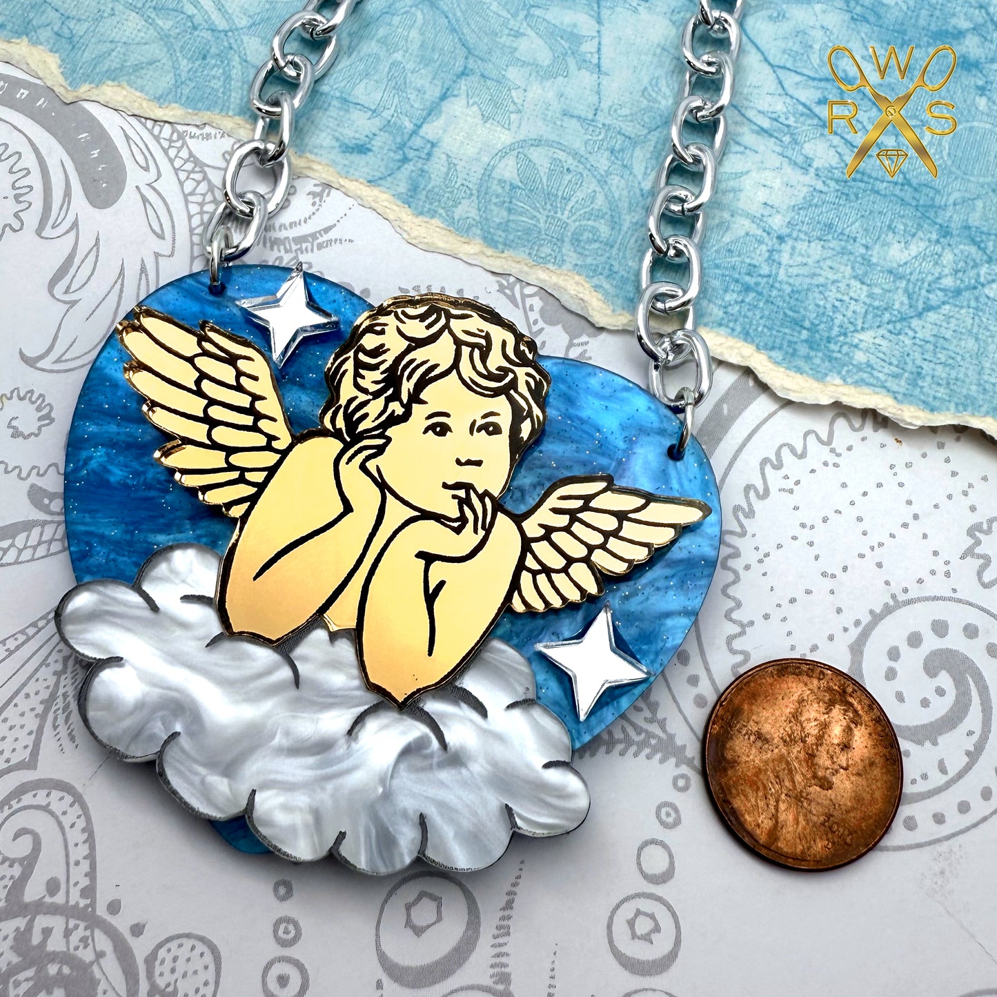 Sweetheart Cupid Necklace in Blue Swirl