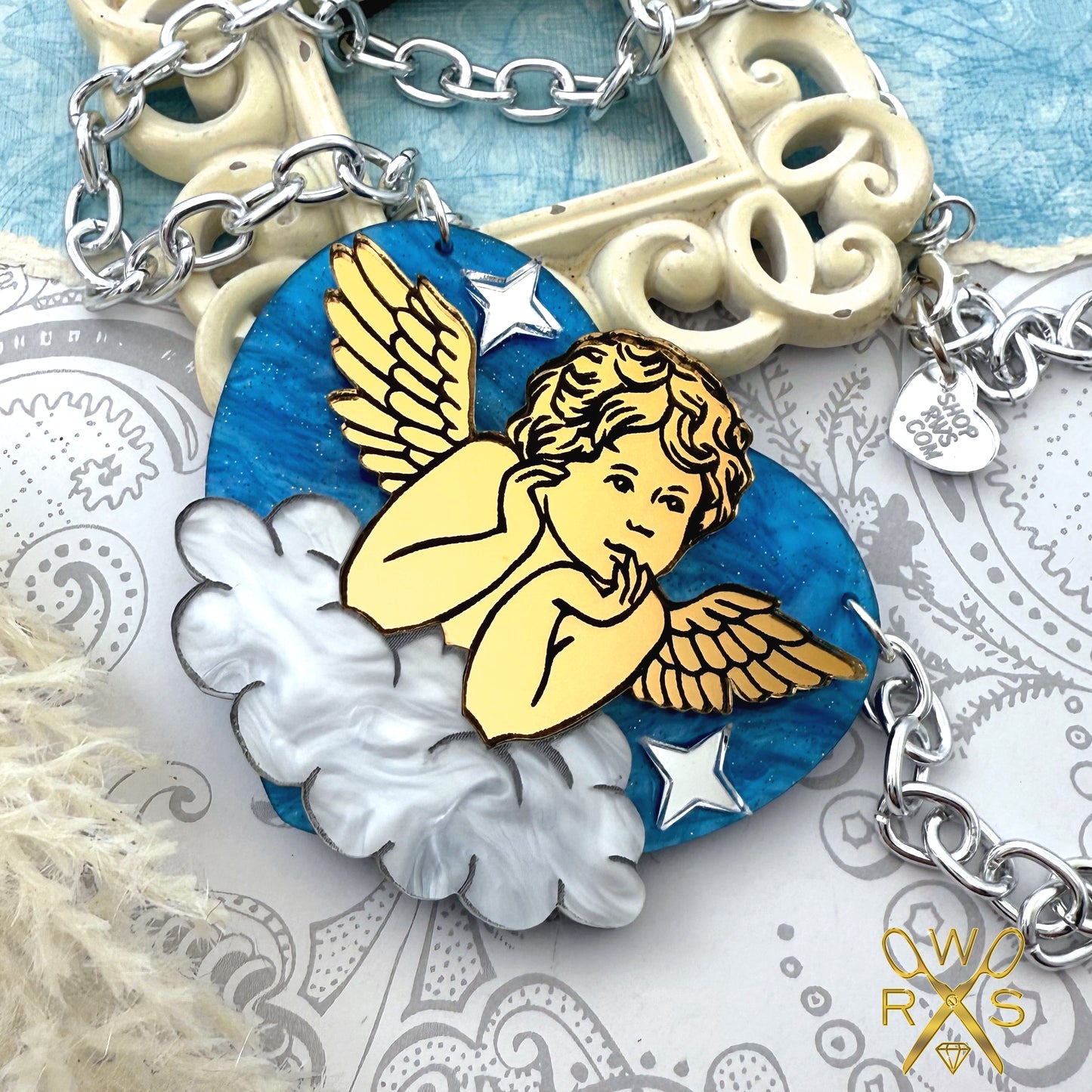 Sweetheart Cupid Necklace in Blue Swirl