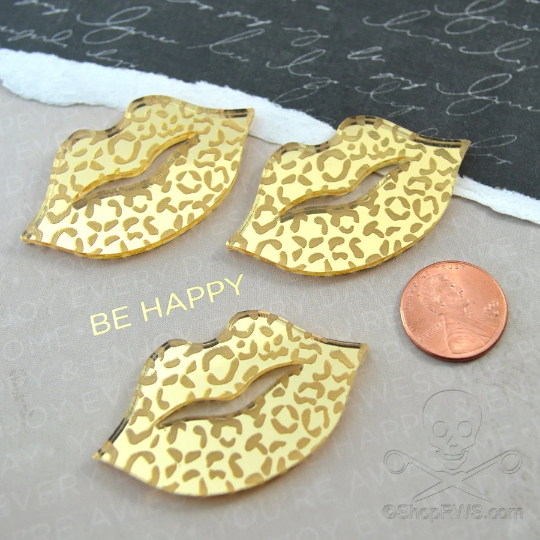 GOLD LEOPARD LIPS - Animal Print Cabochons in Mirror Laser Cut Acrylic