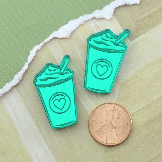 2 LOVE A LATTE Fancy Fun Coffee Cabochons In Bright Green Mirror Laser Cut Acrylic