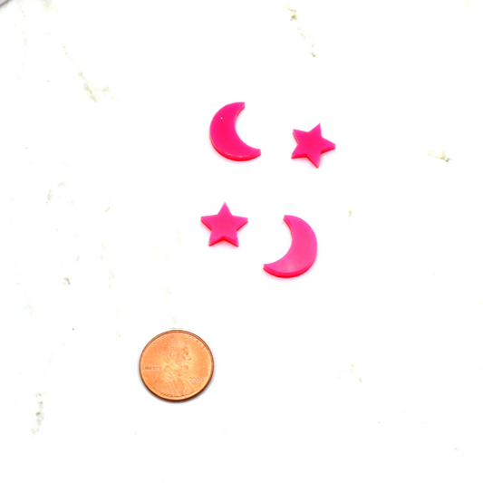 Hot Pink MOON and STARS - Set of 4 Cabochons in Laser Cut Acrylic