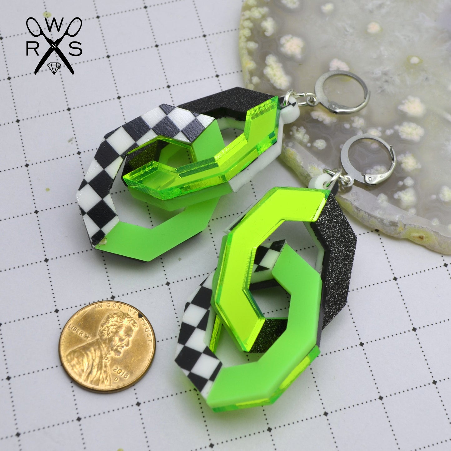 LINKED UP Laser Cut Acrylic Chain Link Dangle Earrings in Lime Green and Checkered Black and White