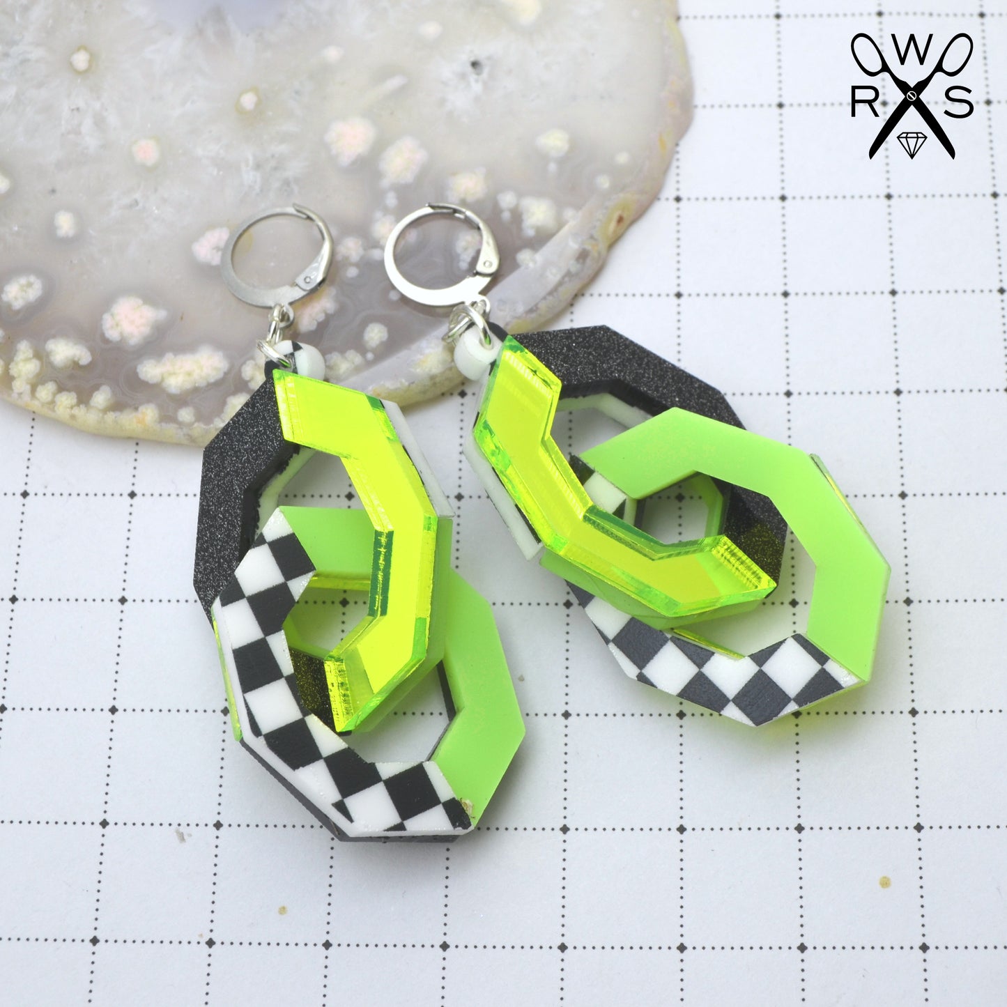 LINKED UP Laser Cut Acrylic Chain Link Dangle Earrings in Lime Green and Checkered Black and White