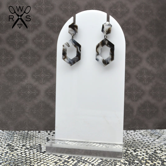 SALE Mini Hexagon Drops in Black and White Swirl Dangles Laser Cut Acrylic Earrings