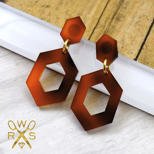 SALE Mini Hexagon Drops in Tortoise Dangles Laser Cut Acrylic Earrings