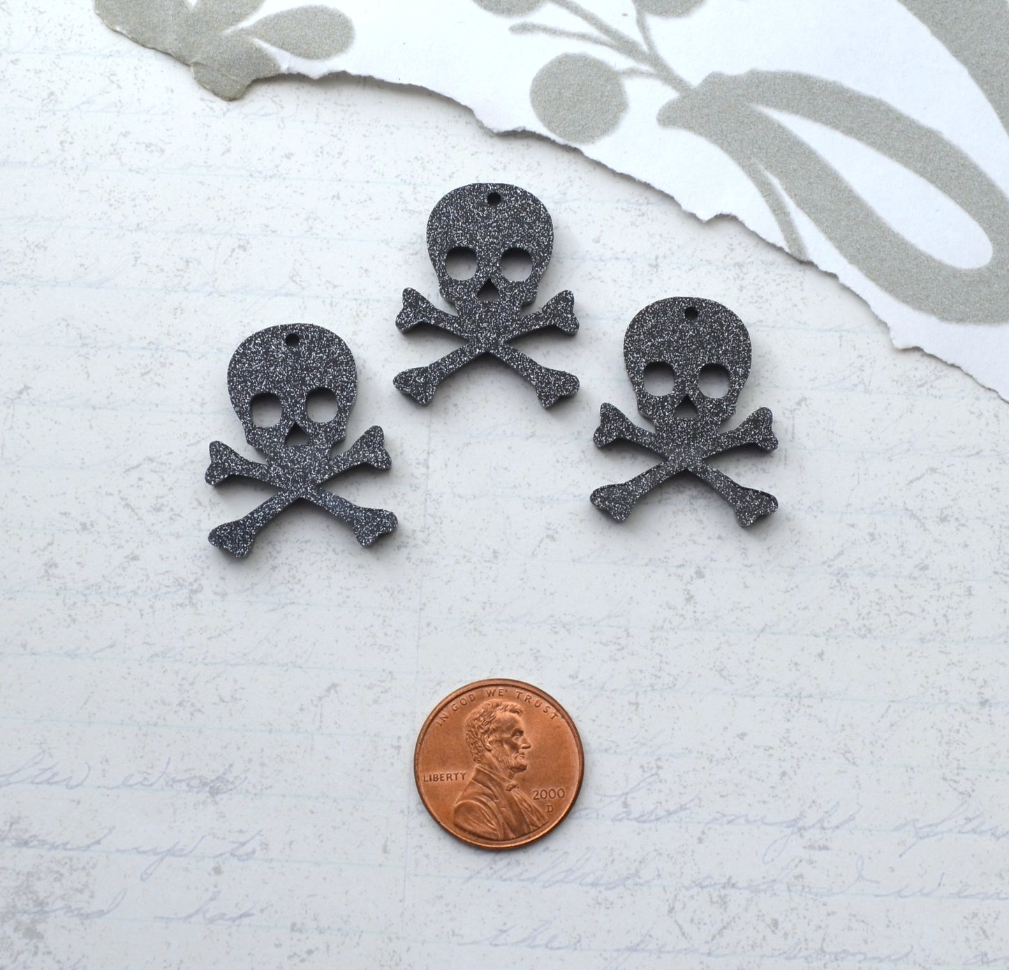 3 SKULL CHARMS- In Black Glitter Laser Cut Acrylic