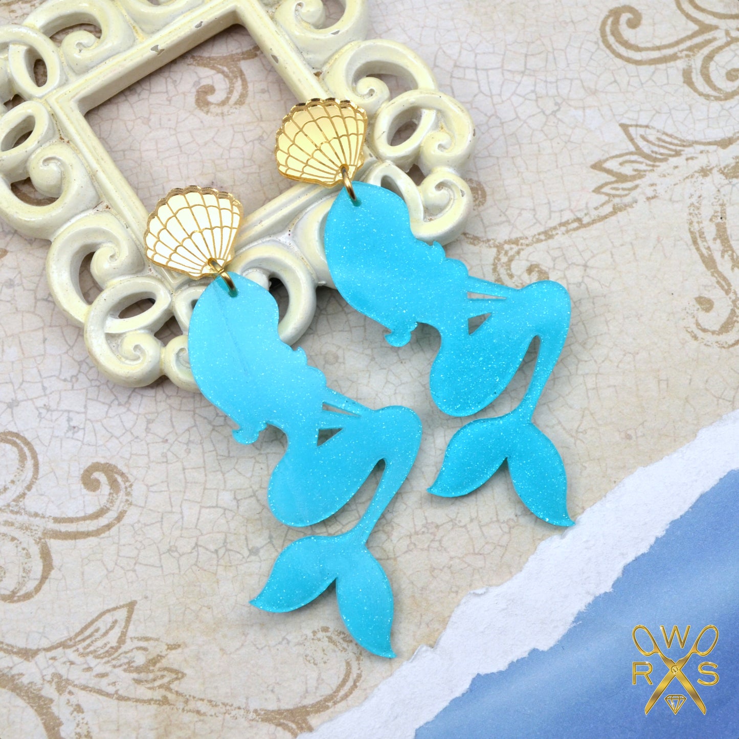 SALE Blue Glitter Mermaid Dangles - Post Top Laser Cut Acrylic Earrings