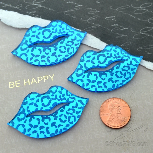 BLUE LEOPARD LIPS Animal Print Cabochons in Mirrored Laser Cut Acrylic