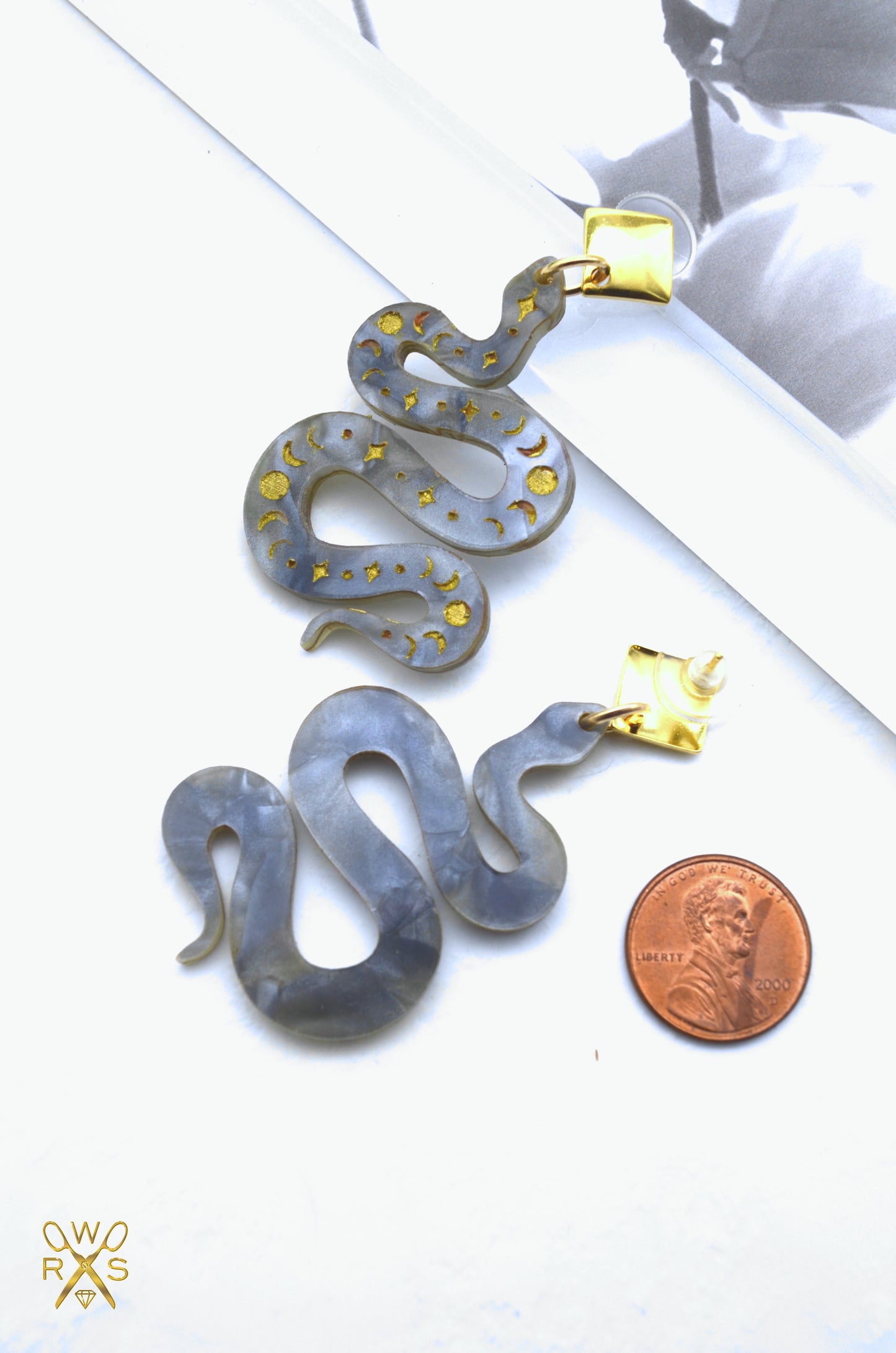 SALE Celestial Snake Dangles in Pearl Gray Acrylic