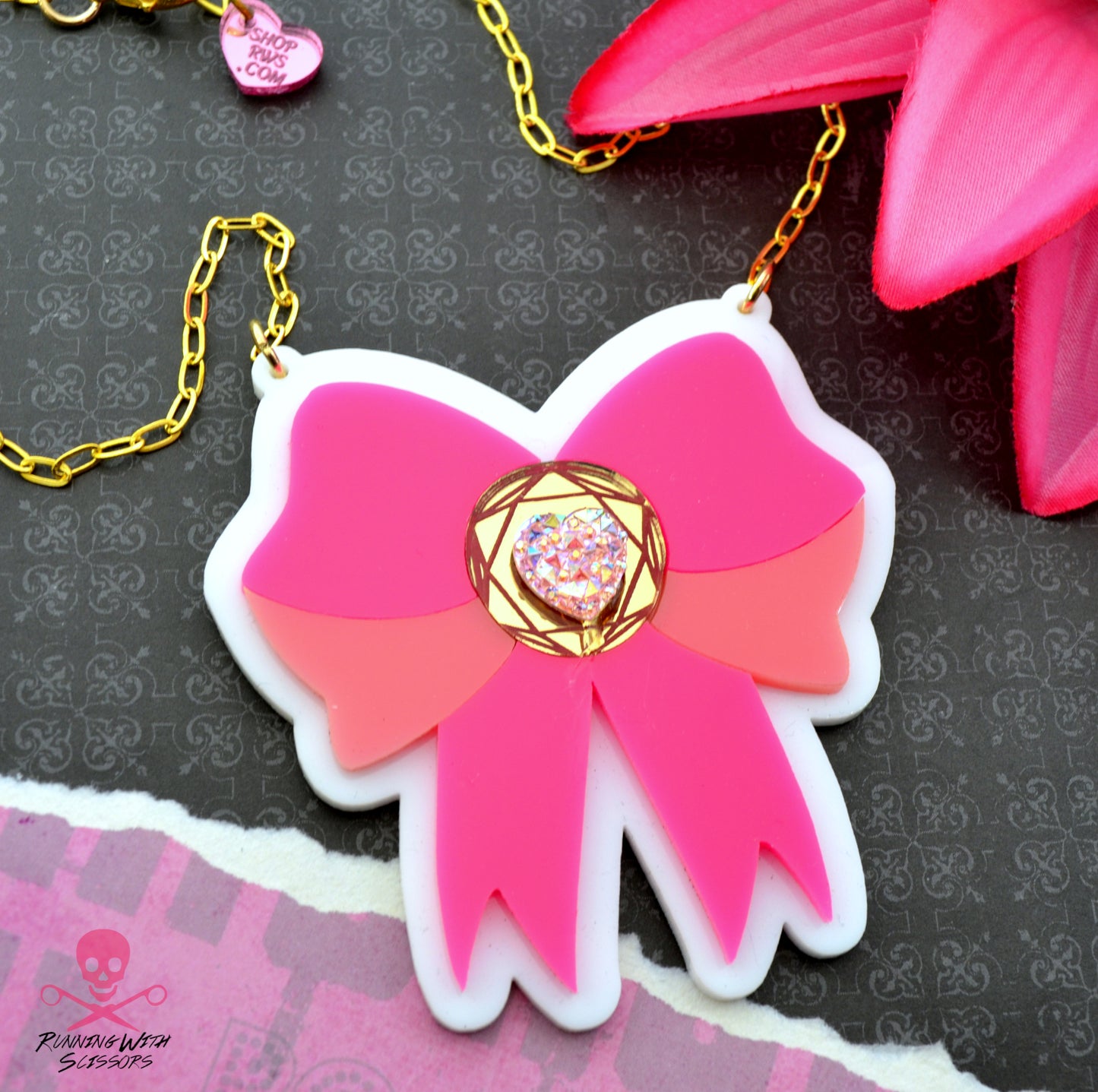 SALE DARLING BOW NECKLACE In Pink Laser Cut Acrylic