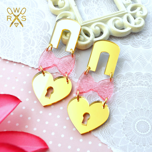 SALE DEVOTED DARLING DANGLES in Gold Mirror and Pink Glitter Laser Cut Acrylic