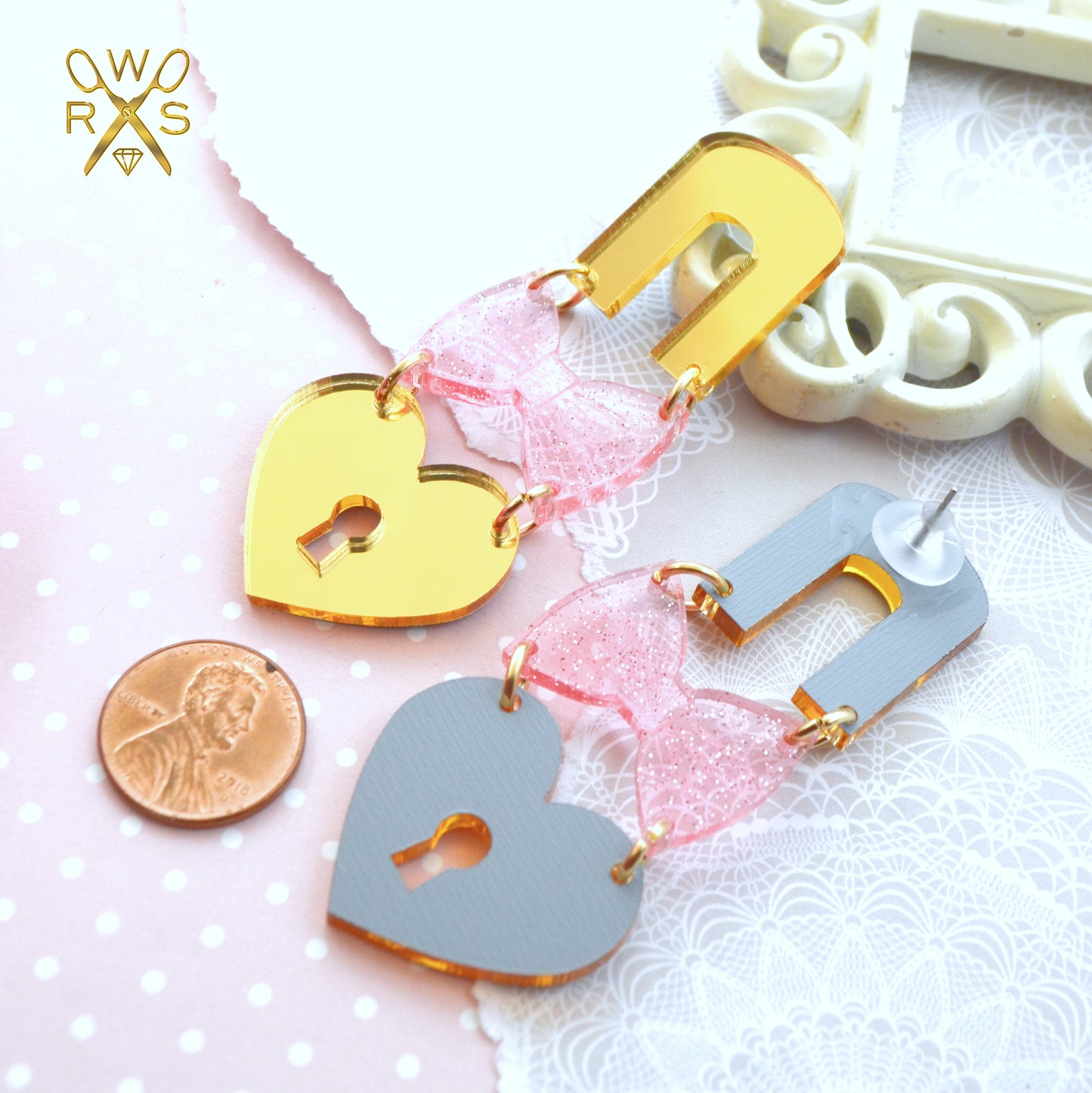 SALE DEVOTED DARLING DANGLES in Gold Mirror and Pink Glitter Laser Cut Acrylic