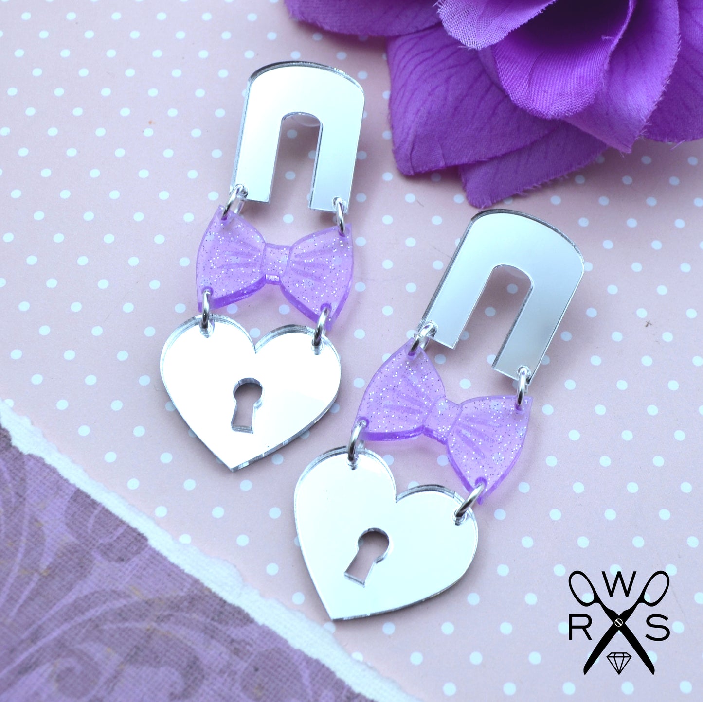 SALE DEVOTED DARLING DANGLES in Silver Mirror and Lavender Glitter Laser Cut Acrylic
