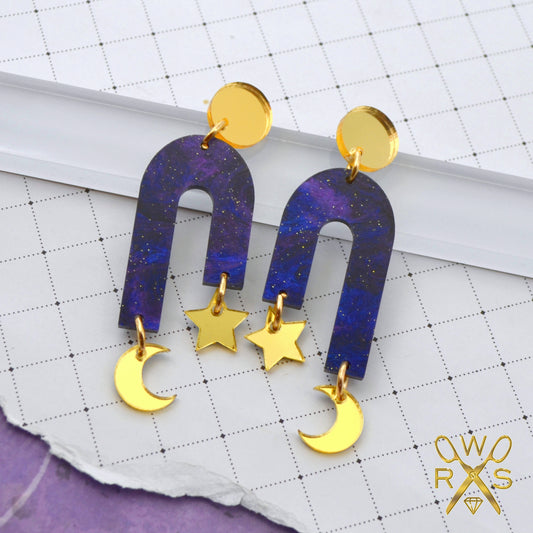 MIDNIGHT SKY DANGLES  Moon and Star Laser Cut Acrylic Post Earrings