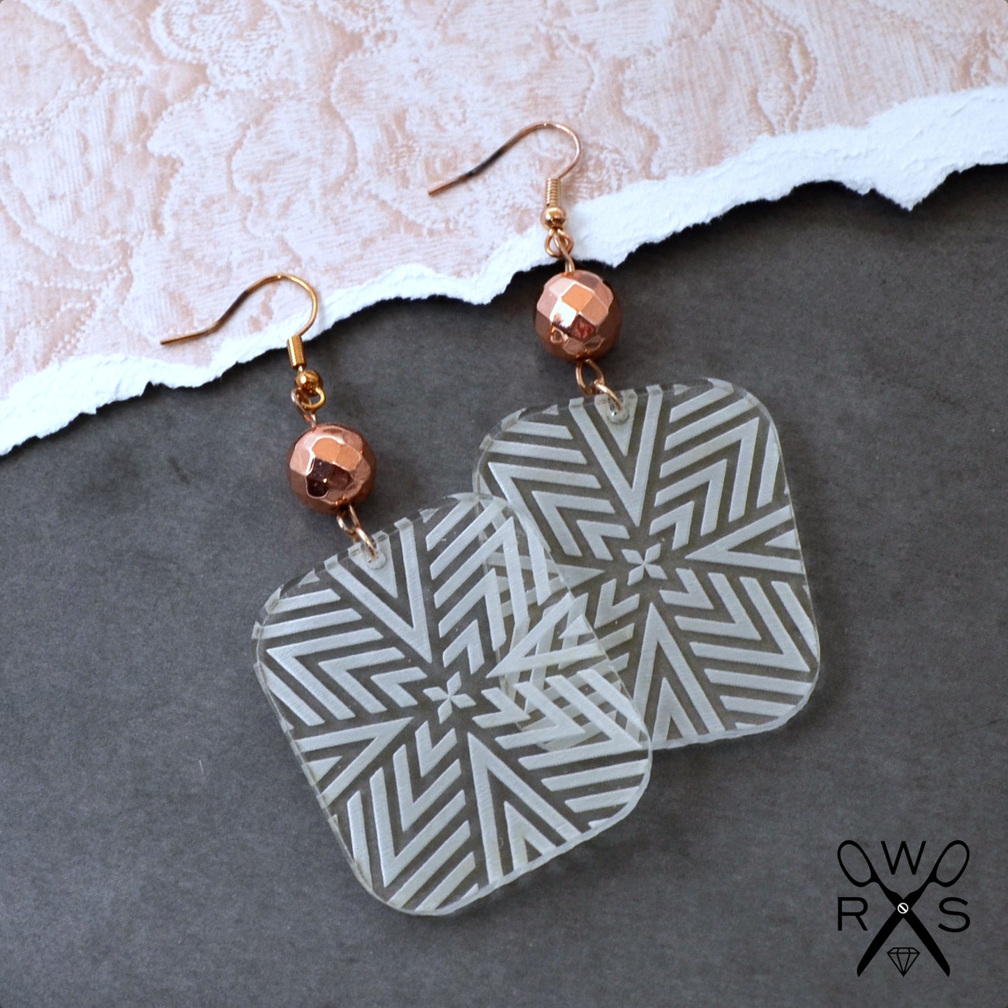 SALE Geometric Starburst Dangles in Clear and Rose Gold - Laser Cut Acrylic Dangle Earrings